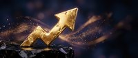 Golden arrow pointing upward on dark crystalline surface with sparkling particles and dramatic lighting for business growth and success concepts.