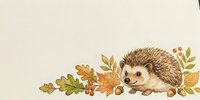 Cute hedgehog surrounded by autumn leaves and berries on isolated beige background, perfect for fall designs, greeting cards, children's illustrations, and seasonal merchandise.