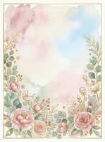 Watercolor floral frame with pink roses, peonies, and botanical elements on soft pastel background. Isolated design ready for invitations, greeting cards, and stationery projects.