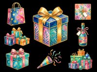 Colorful gift boxes and presents isolated on transparent background, ready for t-shirt designs, clipart, stickers, sublimation, and print-on-demand projects.