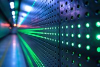 LED display panel with green and blue lights creating depth perspective, technology background with rows of illuminated dots fading into distance. Modern digital wall.