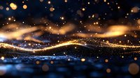 Magical golden waves of glowing particles flow on dark background with bokeh lights and sparkles, creating ethereal abstract luxury design element.