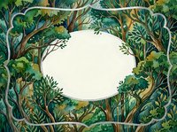 Watercolor forest frame with lush green trees surrounding an oval blank space for text, perfect for nature-themed cards and invitations.