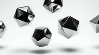 Abstract black metallic geometric shapes floating on white background for modern design projects and contemporary art concepts.
