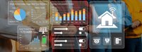 Smart home automation interface displaying energy consumption data, security controls, and IoT device management on transparent digital panels for modern living.