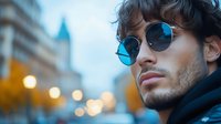 Young man with curly hair wearing blue round sunglasses and leather jacket against blurred urban background with bokeh lights.