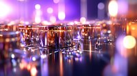 Glowing candles create magical bokeh reflections on mirrored surface with purple and orange lights, romantic atmosphere for meditation, spa or celebration background.
