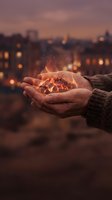 Cupped hands holding glowing embers with sparks against blurred city skyline at sunset, symbolizing hope, warmth, protection and inner fire concept.