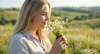 Young blonde woman smelling chamomile flowers in countryside field during golden hour sunset. Natural beauty lifestyle portrait for wellness and relaxation concepts.