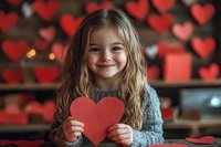 Young child with long blonde hair holding red paper heart against festive Valentine's Day background with heart decorations. Perfect for holiday greeting cards.