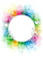 Watercolor floral frame with vibrant rainbow splashes and delicate line art flowers surrounding empty white circle for text or design elements.