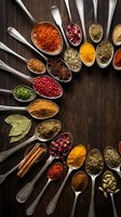 Colorful spices and herbs arranged in vintage metal spoons on dark wooden background. Culinary ingredients for cooking and seasoning food preparation.