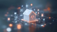 Glowing smart home with network of connected IoT devices and security icons floating on dark background with orange light effects and digital elements.