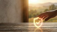 Hand protecting glowing shield icon on wooden surface near window with warm sunset light, symbolizing security, insurance and protection concepts.