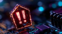 Red glowing exclamation mark warning symbol on computer circuit board with bokeh lights background creates dramatic cybersecurity concept.
