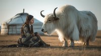Young Asian woman in traditional clothing sitting beside white yak on grassland with yurt in background. Mongolian nomadic lifestyle at sunset.