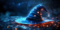 Magical wizard hat glowing with blue ethereal light and orange sparks against dark background, fantasy concept art for book covers and game design elements.