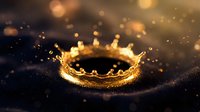 Golden liquid crown splash with sparkling particles on dark background, suitable for luxury, cosmetics, beverage, and premium product advertising campaigns.