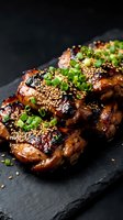 Glazed grilled chicken thighs topped with sesame seeds and green onions on a dark slate board, Asian-style BBQ dish.