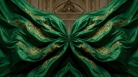 Luxurious emerald silk fabric with ornate gold embroidery creates a symmetrical, mirrored composition. Rich textile pattern ideal for luxury branding, fashion design, and elegant backgrounds.