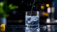 Crystal clear water splashing into glass tumbler with ice cubes against dark background, orange citrus slice and bokeh lights creating refreshing beverage scene.