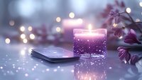 Glowing purple candle with sparkles next to smartphone and flowers creates magical ambiance for relaxation and mindfulness apps or wellness content.