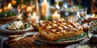 Golden lattice pie on wooden board with rosemary garnish, surrounded by candlelight and festive table setting for holiday dining.