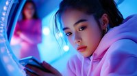 Young Asian woman in pink hoodie using smartphone in neon blue light atmosphere, modern urban nightlife aesthetic with soft focus background and glowing effects.