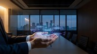 Business professional hands presenting digital network connections in modern office conference room with city skyline view at dusk for technology presentations.