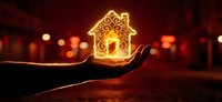 Hand holding glowing ornate house symbol with warm bokeh lights in background representing home protection, real estate investment and property security.