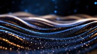 Shimmering waves of blue and gold glitter create abstract flowing lines against dark background, sparkling with magical stardust effect for luxury designs.