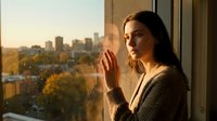Young woman with long dark hair looking thoughtfully out apartment window at urban cityscape during golden hour sunset light wearing cozy sweater.