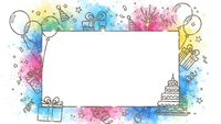 Colorful watercolor birthday party frame with gift boxes, balloons, cake and confetti on white background for celebration invitations and cards.