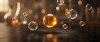 Floating transparent and golden spheres with bokeh light effects on warm background for luxury design and abstract concepts.