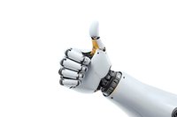 White robotic arm showing thumbs up gesture against white background, mechanical hand with detailed joints and metallic elements, isolated for technology designs.