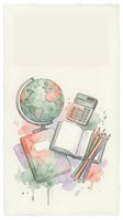 Watercolor education supplies with globe, calculator, books and pencils on textured paper background for academic and learning projects.