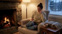 Young African American woman in cozy sweater writing in journal by fireplace in comfortable armchair during winter evening at home.