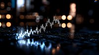 Financial market graph with glowing candlestick chart reflecting on dark surface against blurred city lights bokeh background, showing stock trading analysis.
