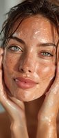 Young woman with wet skin and water droplets on face touching cheeks with hands after shower or skincare routine for natural beauty and wellness concepts.