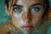 Young woman with bright blue eyes, freckles and wet hair emerges from turquoise water. Close-up portrait showing water droplets on face and intense gaze.