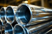 Shiny metal industrial pipes stacked in rows with selective focus showing polished steel surface and circular openings, manufacturing and construction materials.