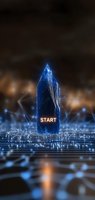 Glowing blue crystal arrow with START text emerging from digital circuit board surface with bokeh lights for business motivation and technology concepts.