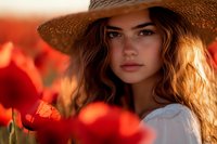 Young Caucasian woman with long brown wavy hair wearing straw hat poses thoughtfully in blooming red poppy field at sunset, soft natural lighting creates dreamy atmosphere.
