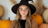 Young Caucasian woman in witch hat and brown sweater poses among orange pumpkins during autumn Halloween celebration, natural makeup and long blonde hair.