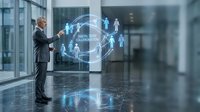 Professional businessman interacting with holographic global network interface displaying connected people icons in modern corporate office environment.