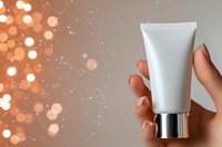 Female hand holding white cosmetic tube against blurred golden bokeh background with sparkles and glitter effects. Luxury beauty product presentation.