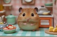 Adorable hamster sitting at kitchen table with tiny food and dishes, chubby cheeks and curious expression on checkered tablecloth in cozy miniature setting.