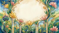 Watercolor floral arch with ornate columns, swirling vines, pink and gold blooms on cream background, perfect for invitations and wall art.