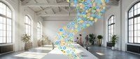 Young professional woman of mixed ethnicity working at modern minimalist desk in bright loft office space with large windows, surrounded by floating blue and yellow digital gears and cog icons representing technology, innovation, and digital transformation for business solutions.