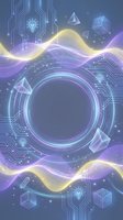 Futuristic tech background with neon glowing waves, circuit board patterns, crystals, light bulbs, and a circular frame for text or logo placement.